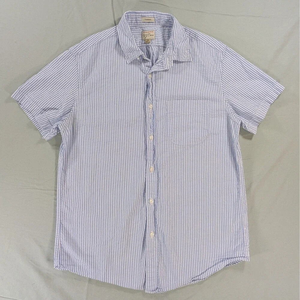 J Crew Mens Blue Striped Classic Fit Short Sleeve Button Down Shirt Medium